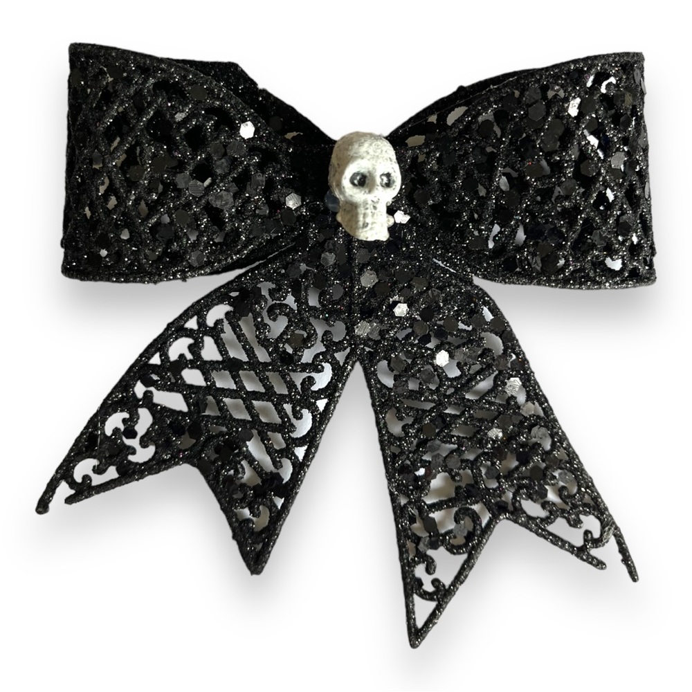 Spooky Halloween Hair Bow Barrette Black Glitter and Skeleton Skull Hair Clip